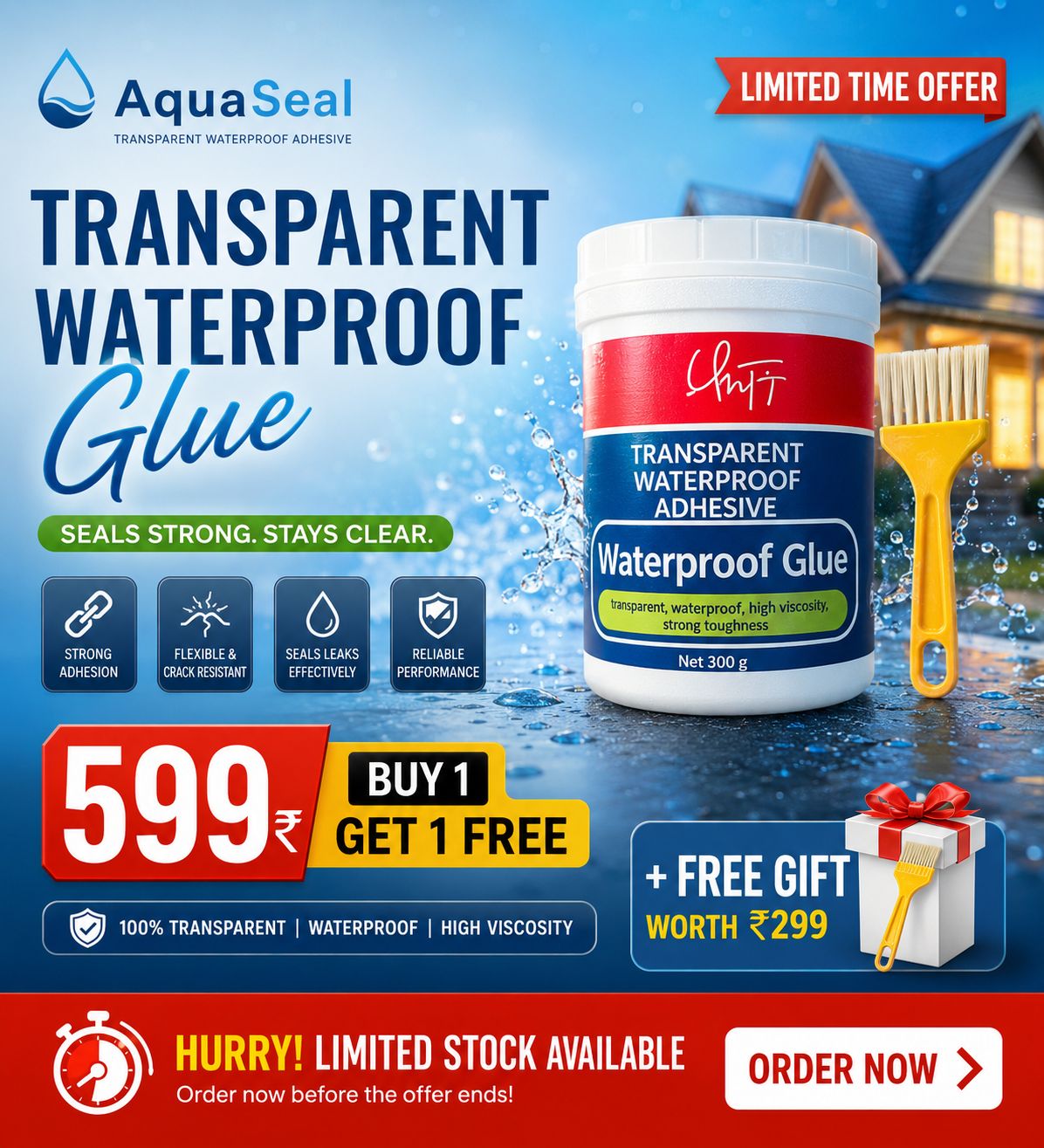 INVISIBLE WATERPROOF GLUE [BUY 1 GET 1 FREE + FREE GIFT WORTH ₹299]