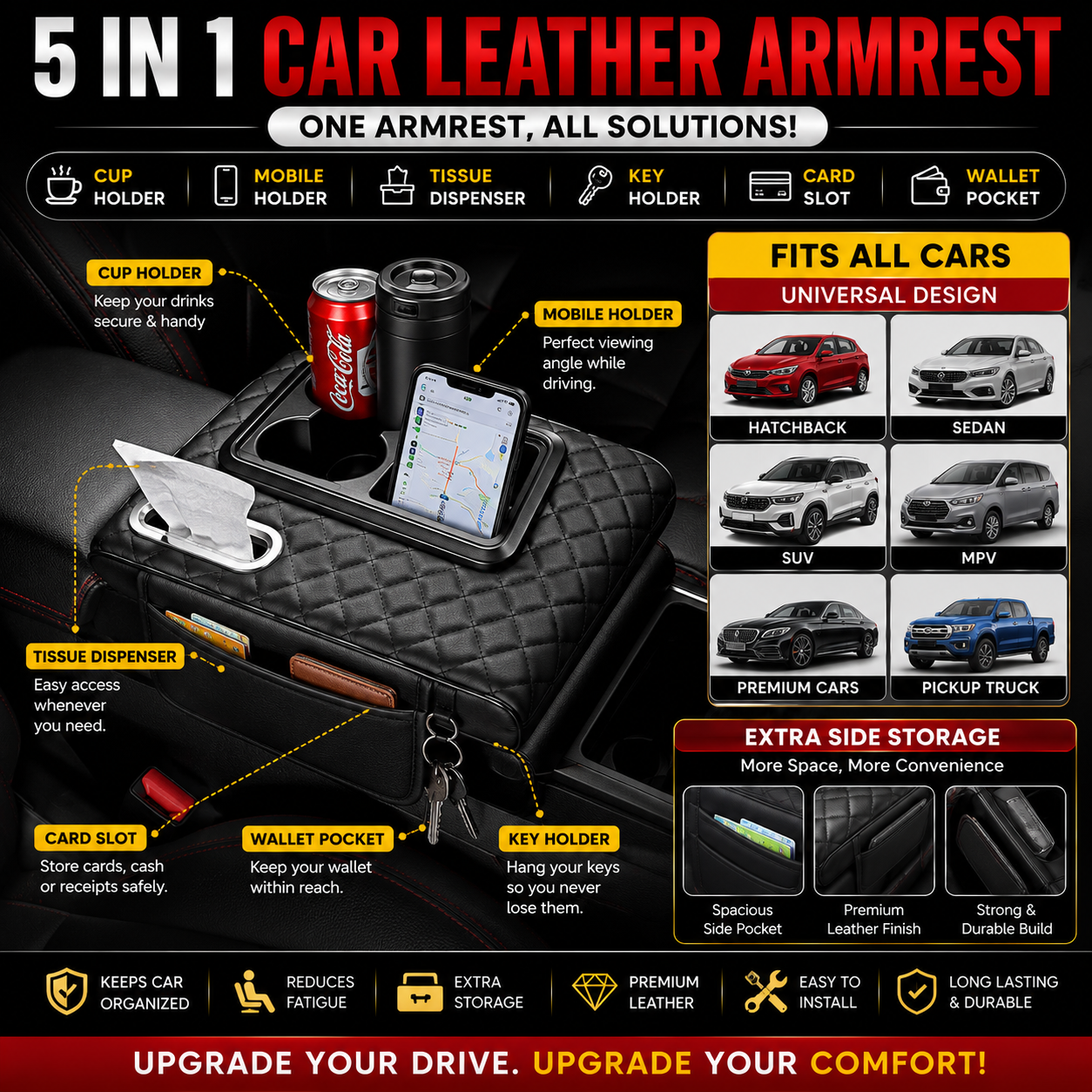 5 IN 1 CAR LEATHER ARMREST - UNIVERSAL FIT FOR ALL CARS