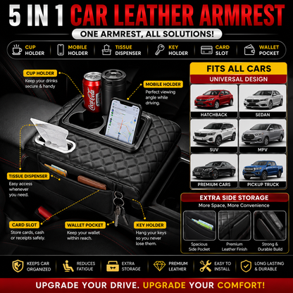 5 IN 1 CAR LEATHER ARMREST - UNIVERSAL FIT FOR ALL CARS